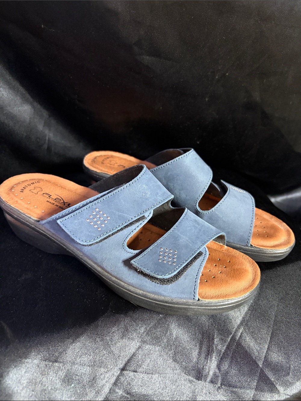💙 Flexus by Spring Step Genuine Italian Comfort Sandals Sz 38 Navy Blue